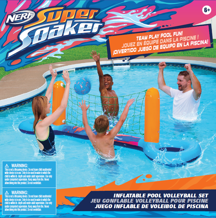 Package design for a Nerf Inflatable Volleyball set with a family playing volleyball in backyard pool. Art direction by Samuel Beaupré
